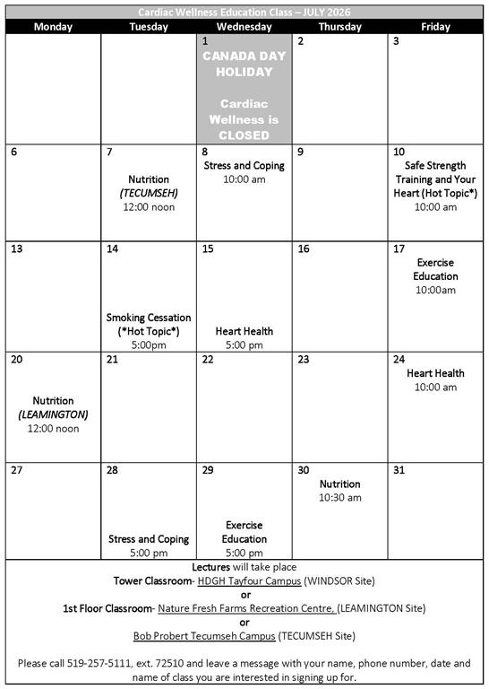 July 2026 Cardiac Wellness Calendar