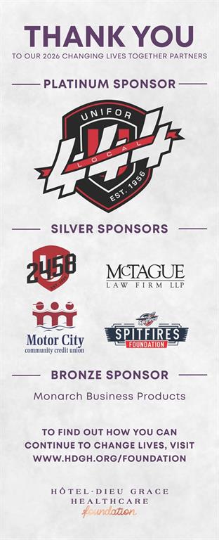 Unifor Local 444, Unifor Local 2458, McTague Law Firm LLP, Motor City Community Credit Union, Spitfires Foundation, Monarch Business Products